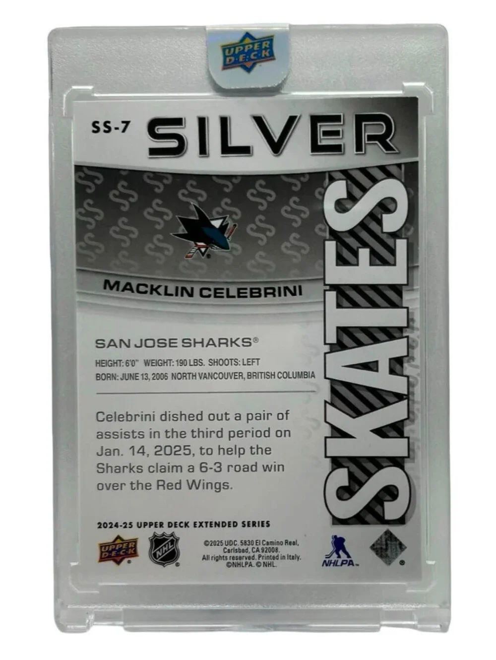 2024 Upper Deck # SS-7 Macklin Celebrini Rookie Silver Skates (RC) SSP